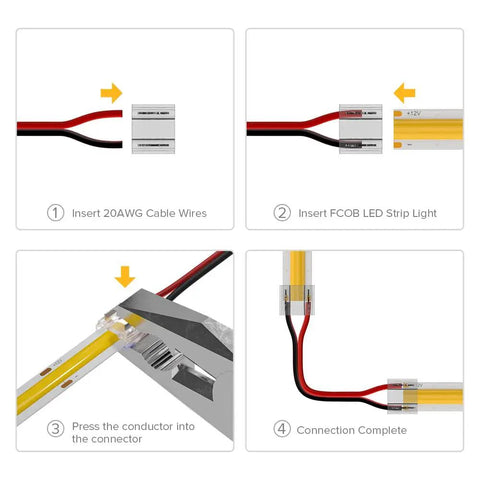 FCOB LED Connector Kit 8mm 0.31in transparent solderless connectors for gapless strip to strip and corner joints instruction guide