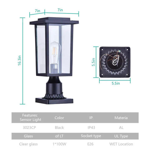Outdoor Post Light 2 Pack Exterior Pole Lanterns With E26 Base Waterproof Matte Black Finish For Patio And Garden Weather Resistant Aluminum Lamp Posts Bulb Not Included with dimensions and base view