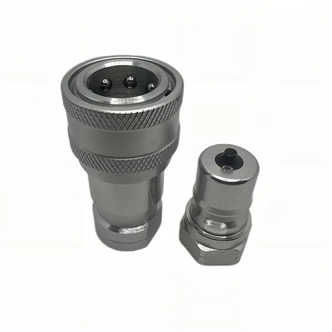 3/8 Inch NPT ISO 7241-B Hydraulic Quick Connect Coupler Set With Dust Caps And Quick Release Disconnect shown up-close