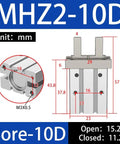 Mini Pneumatic Parallel Gripper Claw With Magnetic Hold For Automation Ten Millimeter Bore High Precision Air Cylinder Finger Gripper Compact Gripping Forcep For Quick Pick And Place Model MHZ210D diagram with dimensions