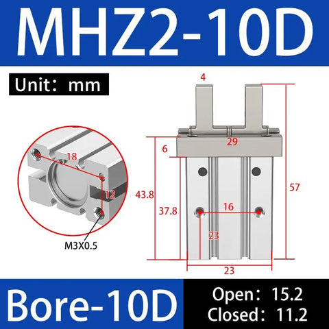 Mini Pneumatic Parallel Gripper Claw With Magnetic Hold For Automation Ten Millimeter Bore High Precision Air Cylinder Finger Gripper Compact Gripping Forcep For Quick Pick And Place Model MHZ210D diagram with dimensions