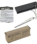 Waterproof Magnesium Firestarter Kit 2 In 1 With Flint Serrated Striker And Detachable Chain for camping displayed with packaging and instructions.
