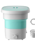 Slick Portable Washing Machine With Hella Compact Folding Build That Is A Real Deal For Camping Trips And Dorm Rooms Featuring Lightweight 24 Liter Spin Cycle For Delicates And Gear, turquoise and white design with a spin basket.