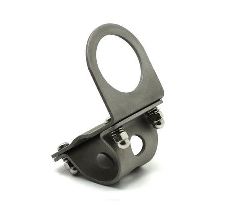 Sturdy 1 Inch and 0.87 Inch Tubular Motorcycle Handlebar Mounting Bracket Silver With Rubber Adapter Included Fits 25.4 mm and 22 mm Bars Durable Aluminum Clamp For Secure Mounting Of Accessories And USB Chargers, shown at angle showcasing screws and attachment points.