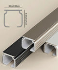 Heavy Duty Sliding Barn Door Track System With Silent Gliding Rollers in black, silver, and white aluminum profiles.