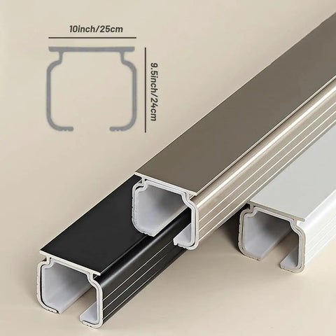 Heavy Duty Sliding Barn Door Track System With Silent Gliding Rollers in black, silver, and white aluminum profiles.