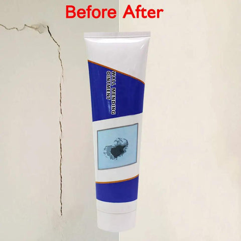 Universal Wall Repair Ointment And Sealant For Cracked And Peeling Walls Graffiti Patch Cream next to a before-and-after wall repair