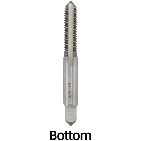 3/8-16 UNC Hand Tap Set Right Hand Threading Tool bottom tap view, alloy tool steel construction, 3-piece pack for metalworking