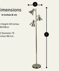 Image showing dimensions of Brushed Nickel Floor Lamp With Three Adjustable Reading Heads, Modern Pole Light Stands 64 Inches Tall