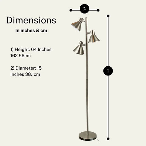 Image showing dimensions of Brushed Nickel Floor Lamp With Three Adjustable Reading Heads, Modern Pole Light Stands 64 Inches Tall