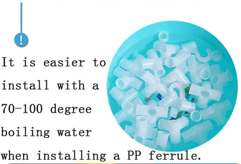 Transparent plastic PP ferrules in a blue bowl, with instructions on installation using boiling water.