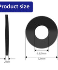 M6 X 12mm flat washer dimensions showing 6.62mm bore, 12mm outer diameter, and 2mm thickness, black coated 304 stainless steel.