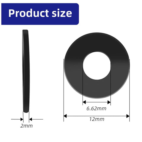 M6 X 12mm flat washer dimensions showing 6.62mm bore, 12mm outer diameter, and 2mm thickness, black coated 304 stainless steel.