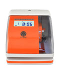 Rock Solid Digital Time Clock With Built In Date Stamper No Fuss Punch Recorder For Staff Time Cards showing orange and white design with digital display.