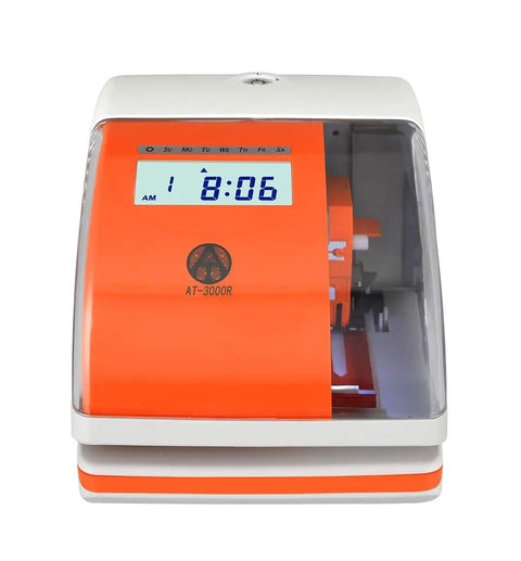 Rock Solid Digital Time Clock With Built In Date Stamper No Fuss Punch Recorder For Staff Time Cards showing orange and white design with digital display.