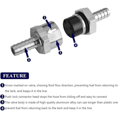 Diagram of 8mm fuel check valve with aluminum body and push-lock connector, highlighting fuel flow direction and non-return features.
