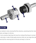 12mm Half Inch Fuel Non Return One Way Check Valve for Gas Diesel Oil Water Lines Beefy Aluminum Alloy Construction Durable Automotive Replacement Valve with 12 Month Warranty, showing flow direction and features