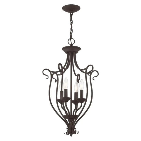 Coronado Bronze 4 Light Foyer Chandelier With Transitional Design hanging with ornate bronze frame and white alabaster glass