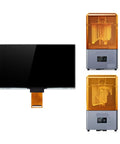 Premium Monochrome 10.3 Inch 8K LCD Screen Replacement For Resin 3D Printers next to two resin print station units.