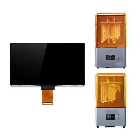Premium Monochrome 10.3 Inch 8K LCD Screen Replacement For Resin 3D Printers next to two resin print station units.