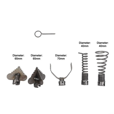 Heavy Duty Six Piece Drain Auger Kit mounts to standard electric drill, includes various sizes of auger heads and hooks.