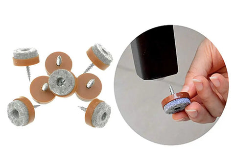 40 Pcs Screw On Felt Pads For Furniture Brown 20mm Fit Wooden Chair And Table Legs Glide Sliders Protect Hardwood Floors From Scratches Reduce Noise Friction And Movement Vibration Easy To Install And Long Lasting, showing felt pads and installation on chair leg