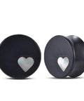 Wood Ear Gauges 1 Pair Set Double Flared Saddle Plugs And Tunnels With Heart Logo Earrings Expander Stretchers In The Same Size From 0g To 1in 8mm To 25mm, black finish with heart design