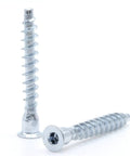 Close-up of M7 X 50mm Confirmat Screws for Wood Furniture Assembly, 3.25mm Pitch, 8 TPI, with flat head hex drive, countersunk design.