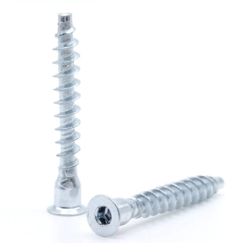Close-up of M7 X 50mm Confirmat Screws for Wood Furniture Assembly, 3.25mm Pitch, 8 TPI, with flat head hex drive, countersunk design.