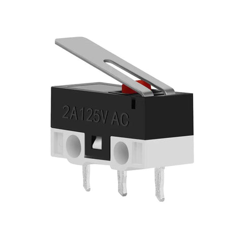 Side view of AC 125V 2A Micro SPDT Limit Switch with long hinge lever and 3 pin rocker style, ideal for Arduino and prototyping projects.