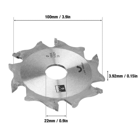 Heavy Duty Carbide Biscuit Jointer Blade 100mm OD 22mm ID 3.92mm Thick dimensions showing precision cutting edges.