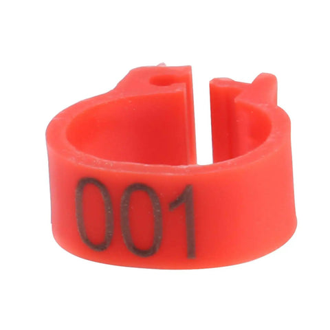 8mm Plastic Pigeon Leg Bands With Numbered IDs 001-100 Red Durable Bird Rings for Poultry Management and Breeding shown with ID 001