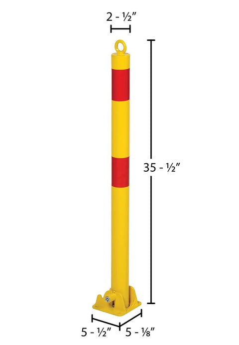 Hella Sturdy Heavy Duty Steel Fold Down Vehicle Safety Bollard With Reflective Warning Bands, yellow and red, 35.5 inches tall.