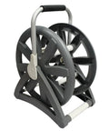 Hose Storage Reel For Pool Hoses And Vac Tubes Up To 45 Feet Easy Setup And Quick Access For Neat Backyards And Regular Pool Cleaning And Maintenance Today showing a black and white reel designed for 45-foot hoses.