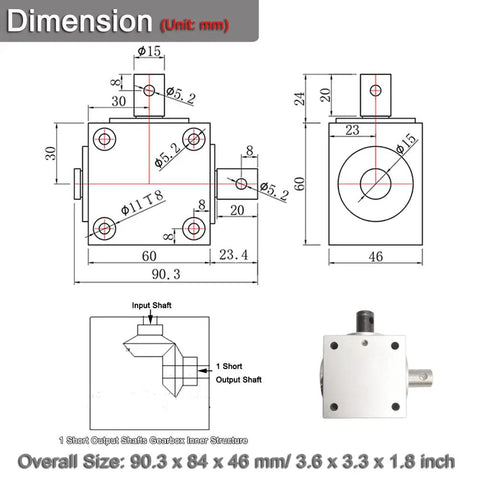 Diagram of One To One Right Angle Bevel Gearbox One Point Five Module Twenty Teeth Ninety Degree Drive For DIY Projects dimensions