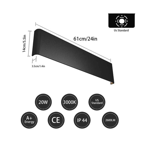 Diagram of Super Stylish 24 Inch Matte Black LED Wall Sconce for Bathroom Vanity with Warm White 2700K Light and design details.