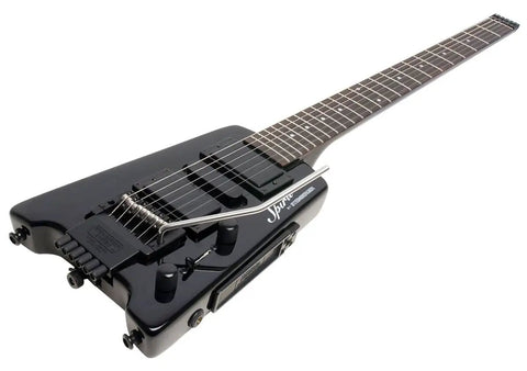 Spirit GT Pro Deluxe Black Electric Guitar With Gig Bag Maple Body Locking Tremolo R Trem System Humbucker Neck Pickup And Single Coil Middle Pickup Lightweight Built For Stage Ready Studio And Street Jams, black headless electric guitar on white background