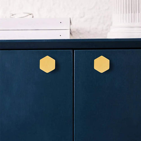 1-1/10 Inch Solid Brass Knob And Pull Set For Cabinets And Drawers, Brushed Gold Hexagon Handles on blue cabinet doors