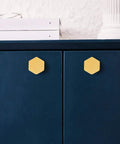Solid Brass Cabinet Knobs And Pulls Set on blue cabinet, 1-1/10 Inch Hexagon Handles for Dresser Drawers, Brushed Brass Finish