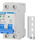 2 Pole 63 Amp DIN Rail Mounted Heavy Duty Circuit Breaker for 120V and 240V AC Circuits, C Curve Magnetic Trip With Thermal Magnetic Trip, Solar AC Disconnect Switch, Silver Alloy Contacts, Flame Retardant Housing, Overload Short Circuit Protection. 2-pole 63A breaker with DIN rail bracket