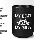 My Boat My Rules Nautical Ceramic Coffee Mug FifteenOz Black with icons showing food, microwave, dishwasher, and freezer safety.