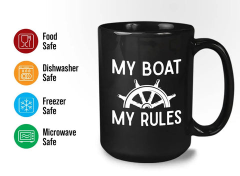 My Boat My Rules Nautical Ceramic Coffee Mug FifteenOz Black with icons showing food, microwave, dishwasher, and freezer safety.
