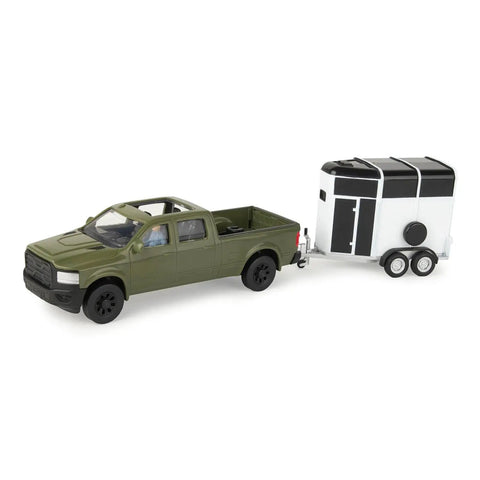 1/32 Scale Green Pickup Truck With Horse Trailer And Figures Farm Playset For Ages 3 Plus, Realistic farm vehicle toy