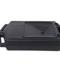Get This Pro 8L Low Profile Oil Drain Pan For Car And Motorcycle Service With Huge Capacity To Handle Coolant Antifreeze and All Fluids During Garage Maintenance Without The Messy Overflow Hassles. Black plastic oil drain pan with handles and pouring spout.