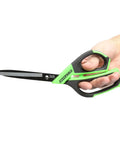 10 Inch Utility Scissors With Durable Stainless Steel Blades For Precise Cutting Of Paper Cardboard Carpet And Crafts, Ergonomic Poly Grip Handle For Comfortable Heavy Duty Office And Workshop Use Built Tough For Everyday DIY, shown in hand for scale.