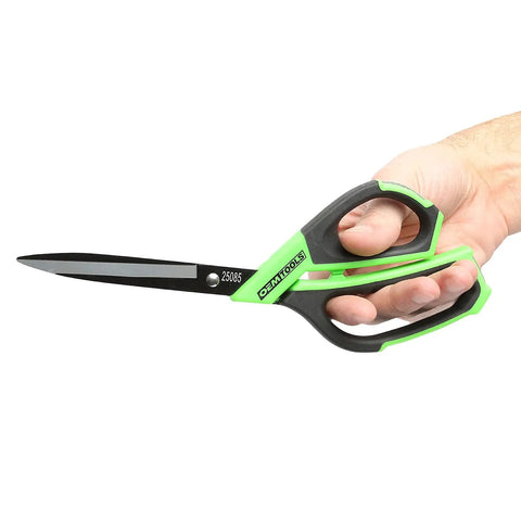 10 Inch Utility Scissors With Durable Stainless Steel Blades For Precise Cutting Of Paper Cardboard Carpet And Crafts, Ergonomic Poly Grip Handle For Comfortable Heavy Duty Office And Workshop Use Built Tough For Everyday DIY, shown in hand for scale.