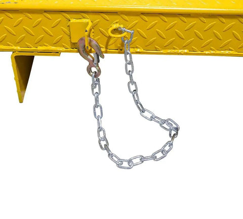 Fold down loop and safety chain detail of Tough As Nails Heavy Duty 84 By 96 Inch Shipping Container Loading Ramp