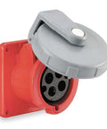 100 Amp 480 Volt AC Three Phase Pin And Sleeve Receptacle With IEC Grounding, heavy-duty red nylon housing, outlet with cover.