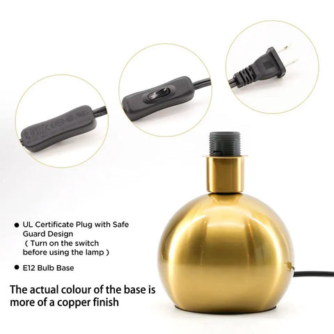 Small Bedside Lamp With Brass Base And Black Fabric Shade, featuring E12 bulb base and UL certified plug design.