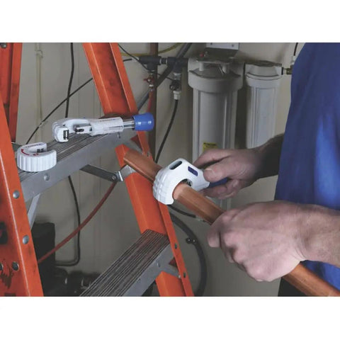 Tube Cutter 1/8 To 1-3/4 Inch With Full Stop Feed System Keeps Wheels From Contact in use cutting copper tubing
